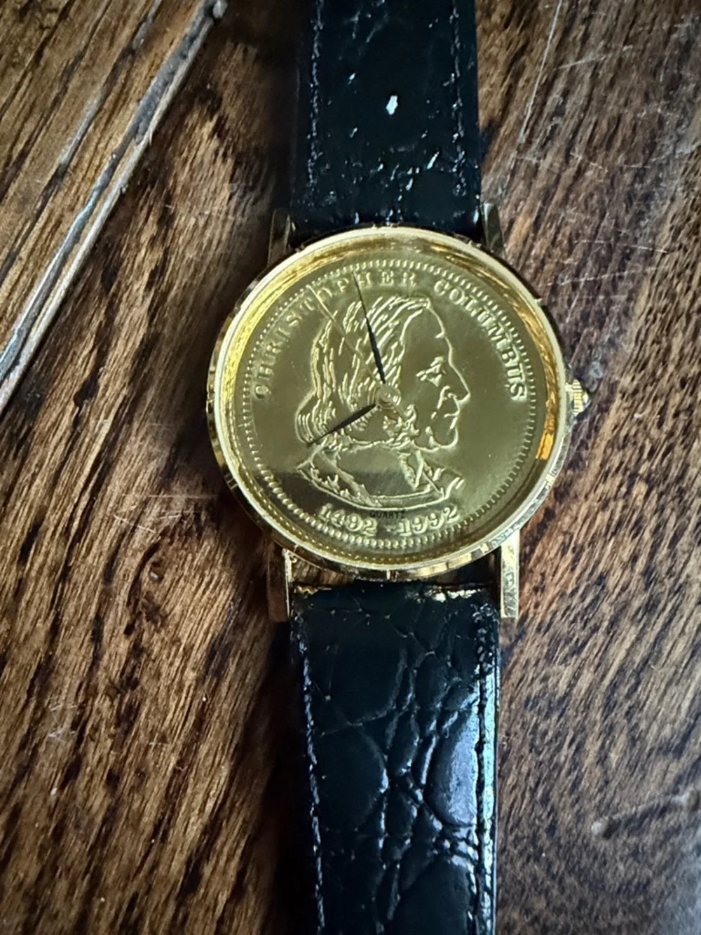 CHRISTOPHER COLUMBUS Gold Tone Coin Face Watch with Black Leather Strap